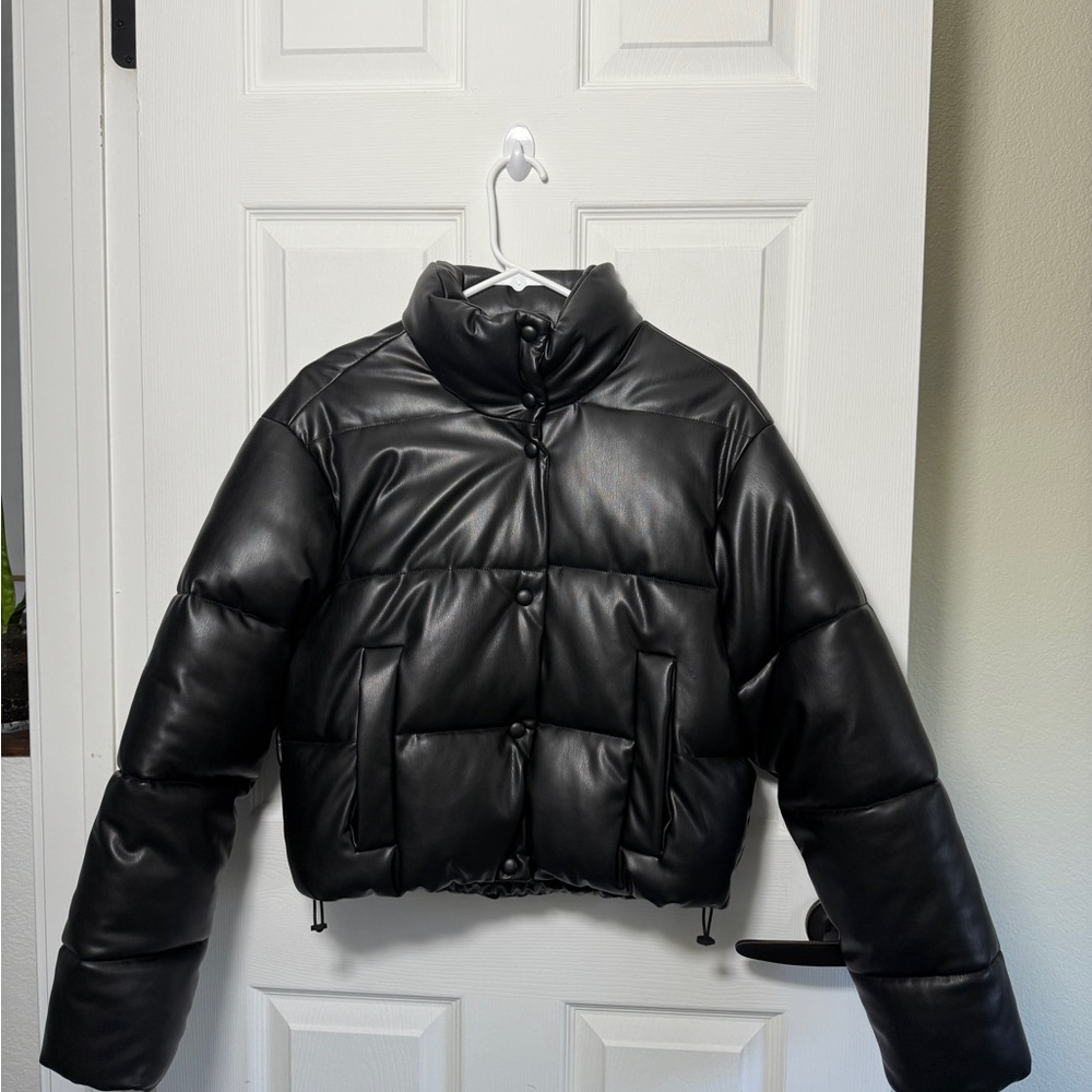 Zara Black Leather Puffer Jacket